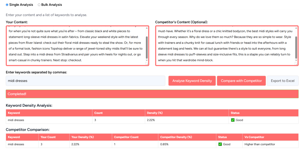 keyword density analyser content and vs competitor