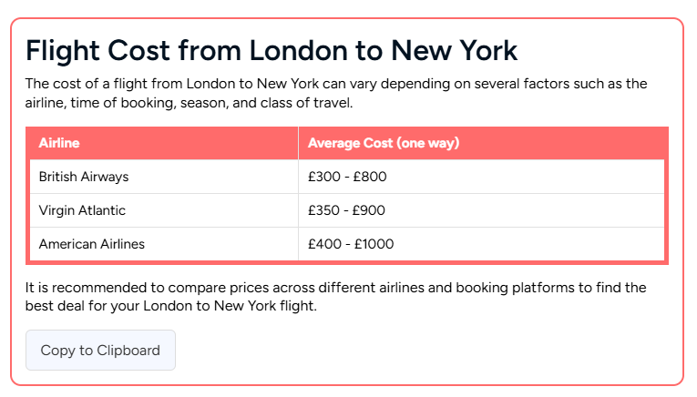 AI overview optimiser tool showing flights summary